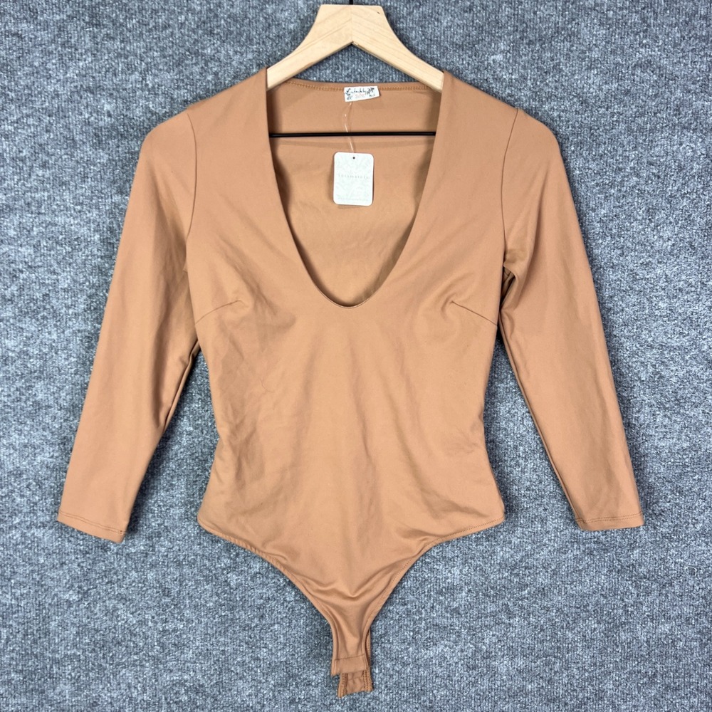 NEW Free People Softly Structured Bodysuit‎ Brown Deep V-Neck Small